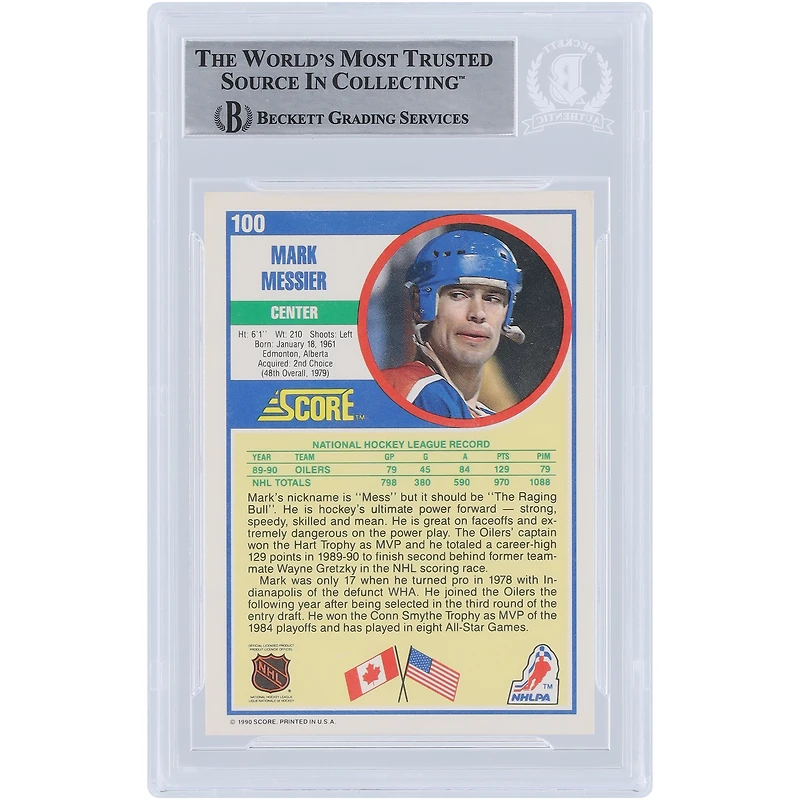 Mark Messier Edmonton Oilers Autographed 1990-91 Score #100 Beckett Fanatics Witnessed Authenticated Card 
