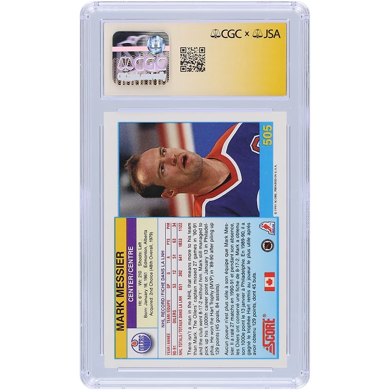Carte canadienne bilingue autographiée n° 505 des Oilers d'Edmonton de 1991 à 1992, signée Mark Messier, fanatiques de la CGC, authentifiée et témoin, 9/10