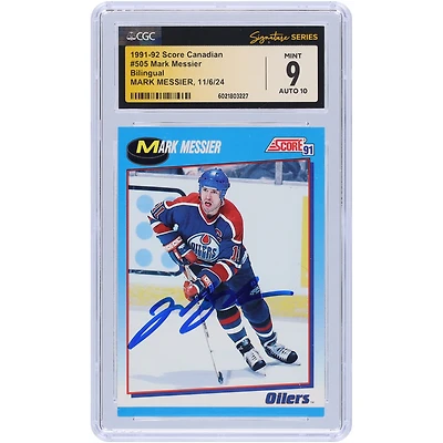 Carte canadienne bilingue autographiée n° 505 des Oilers d'Edmonton de 1991 à 1992, signée Mark Messier, fanatiques de la CGC, authentifiée et témoin, 9/10