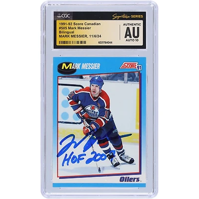 Carte canadienne bilingue #505 autographiée par Mark Messier des Oilers d'Edmonton 1991-92, avec l'inscription « HOF 2007 », présentée par des fanatiques de la CGC