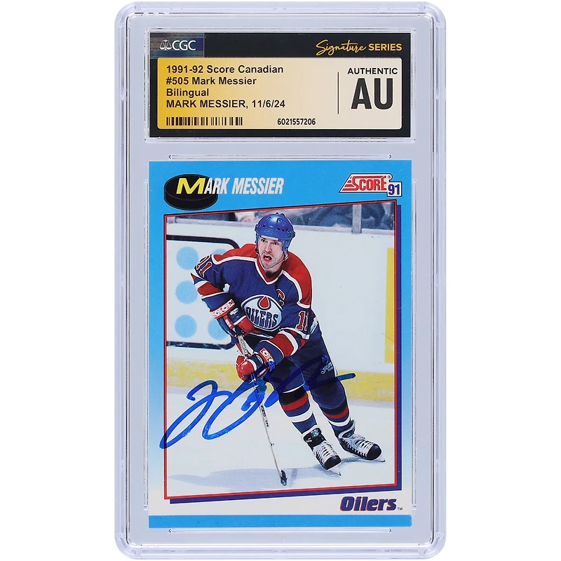 Carte canadienne bilingue autographiée #505 des Oilers d'Edmonton de 1991 à 1992, signée Mark Messier, fanatiques de la CGC, authentifiée et témoin