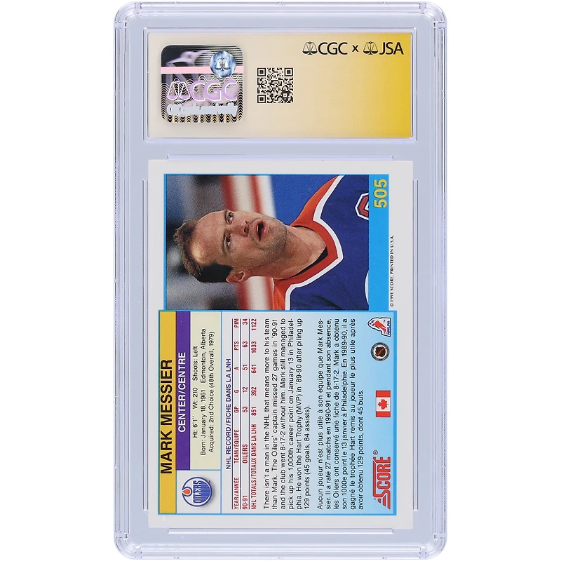 Mark Messier Edmonton Oilers Autographed 1991-92 Score Canadian Bilingual #505 CGC Fanatics Witnessed Authenticated Card