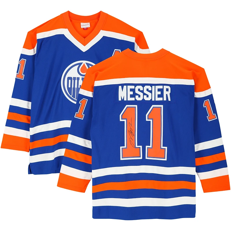 Maillot réplique autographié bleu Mitchell & Ness des Oilers d'Edmonton par Mark Messier