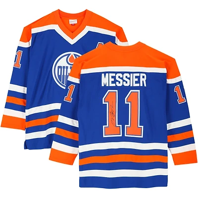 Maillot réplique autographié bleu Mitchell & Ness des Oilers d'Edmonton par Mark Messier