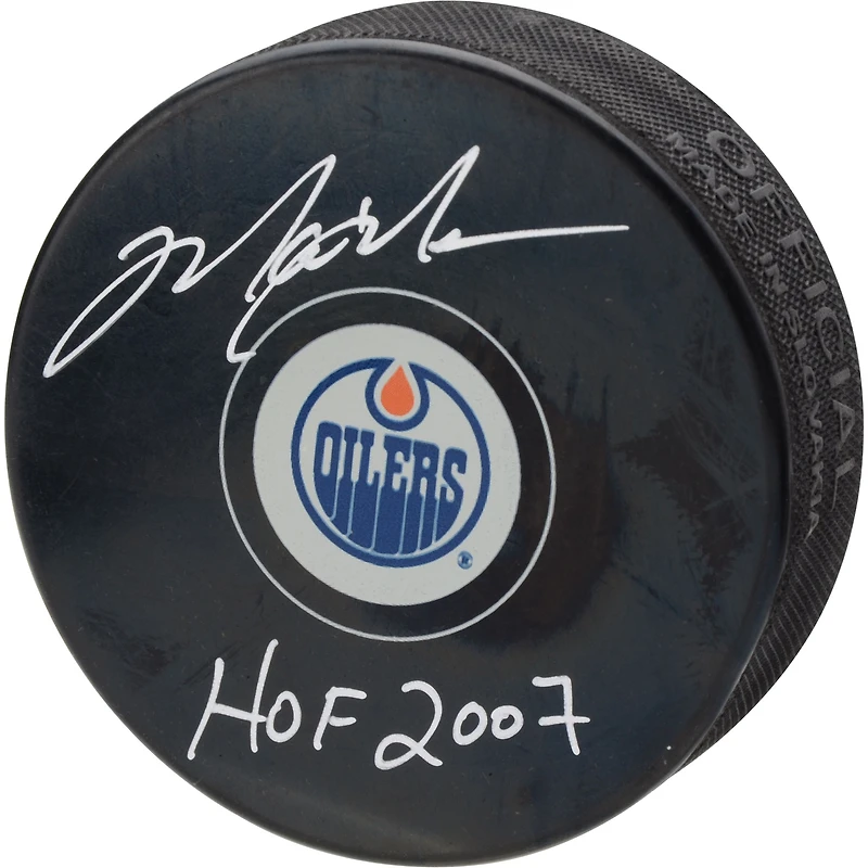 Rondelle de hockey autographiée par Mark Messier des Oilers d'Edmonton avec inscription « HOF 2007 »