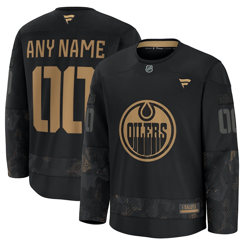 Maillot d'entraînement personnalisé d'appréciation militaire Fanatics Black Edmonton Oilers 2024 pour hommes
