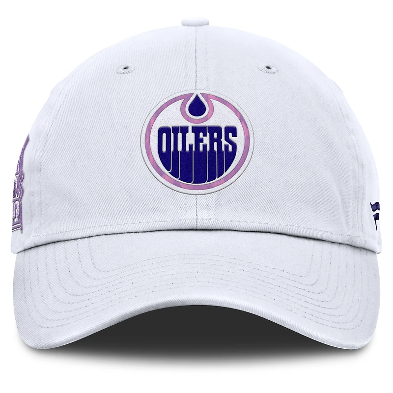 Casquette ajustable authentique Pro Hockey Fights Cancer des Oilers d'Edmonton pour hommes Fanatics blanche