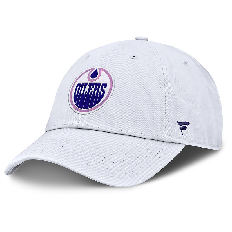 Casquette ajustable authentique Pro Hockey Fights Cancer des Oilers d'Edmonton pour hommes Fanatics blanche
