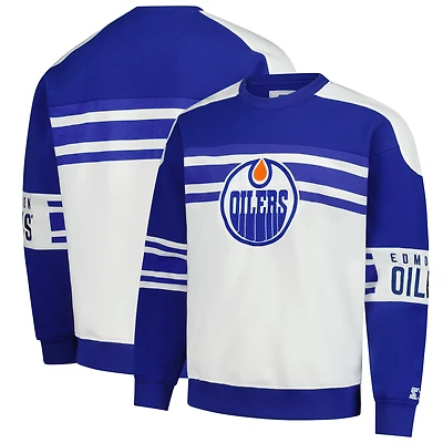 Men's Starter  White Edmonton Oilers Defense Fleece Crewneck Pullover Sweatshirt