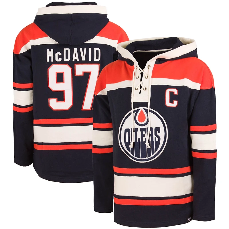 Men's '47 Connor McDavid Navy Edmonton Oilers Lacer Player Name & Number Pullover Hoodie