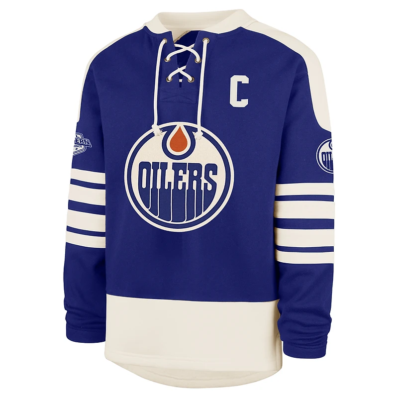 Men's '47 Connor McDavid Royal Edmonton Oilers Player Name & Number Sweep Check Eternal Lacer Sweatshirt