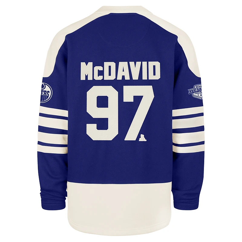 Sweat-shirt à capuche Connor McDavid Royal Edmonton Oilers '47 pour homme avec nom et numéro de joueur Sweep Check Eternal Lacer