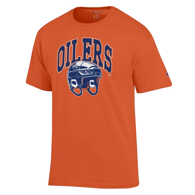 Men's Champion Orange Edmonton Oilers Helmet T-Shirt