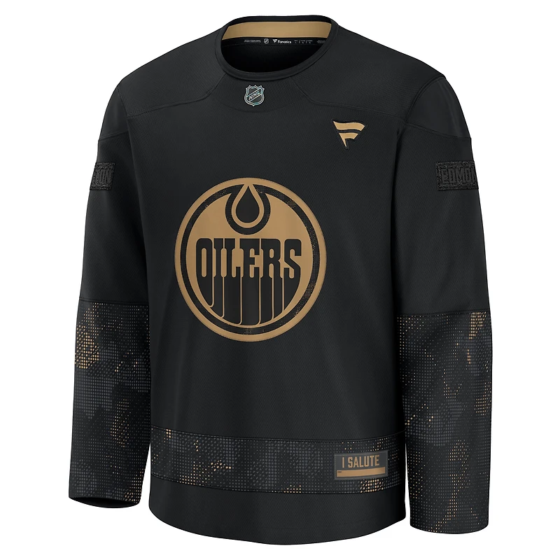 Maillot d'entraînement d'appréciation militaire Fanatics Black Edmonton Oilers 2024 pour hommes