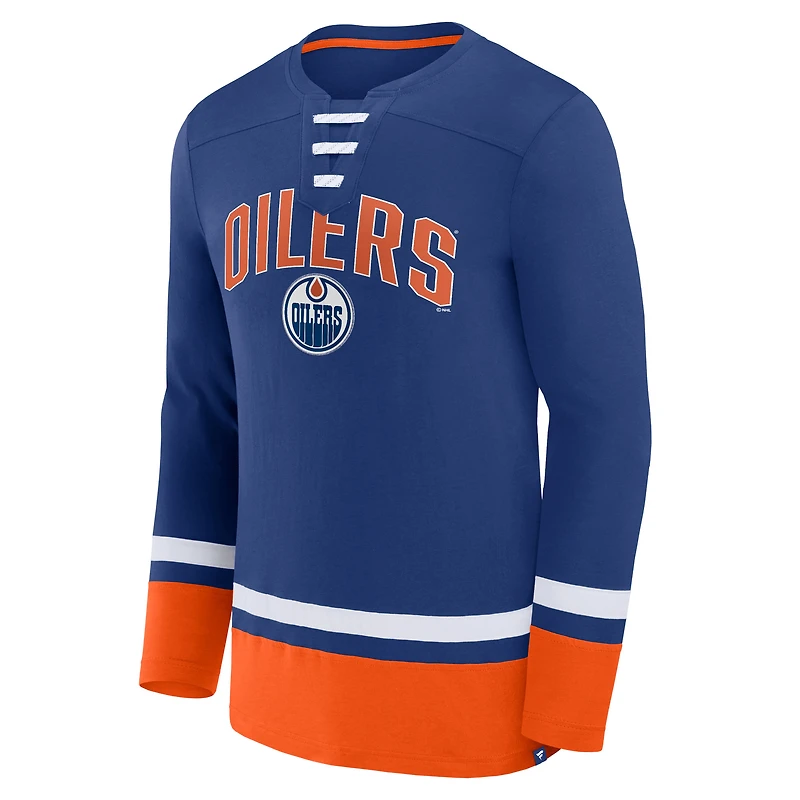 Men's Fanatics Blue Edmonton Oilers Fundamental Lace-Up Long Sleeve T-Shirt