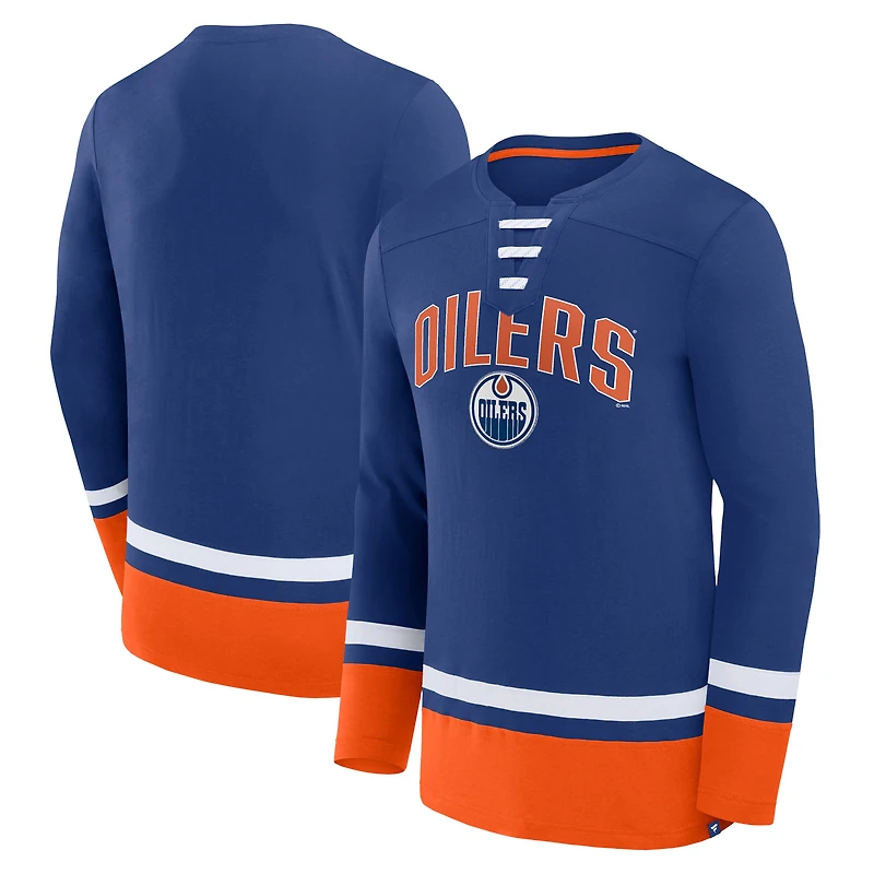 Men's Fanatics Blue Edmonton Oilers Fundamental Lace-Up Long Sleeve T-Shirt
