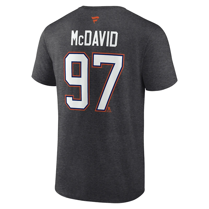 T-shirt Fanatics Connor McDavid pour homme, charbon, authentique, avec nom et numéro Stack des Oilers d'Edmonton