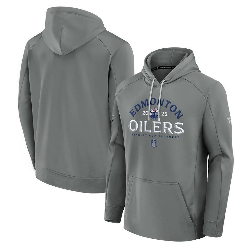 Sweat à capuche authentique Pro gris Fanatics pour homme des Oilers d'Edmonton, séries éliminatoires de la Coupe Stanley 2025