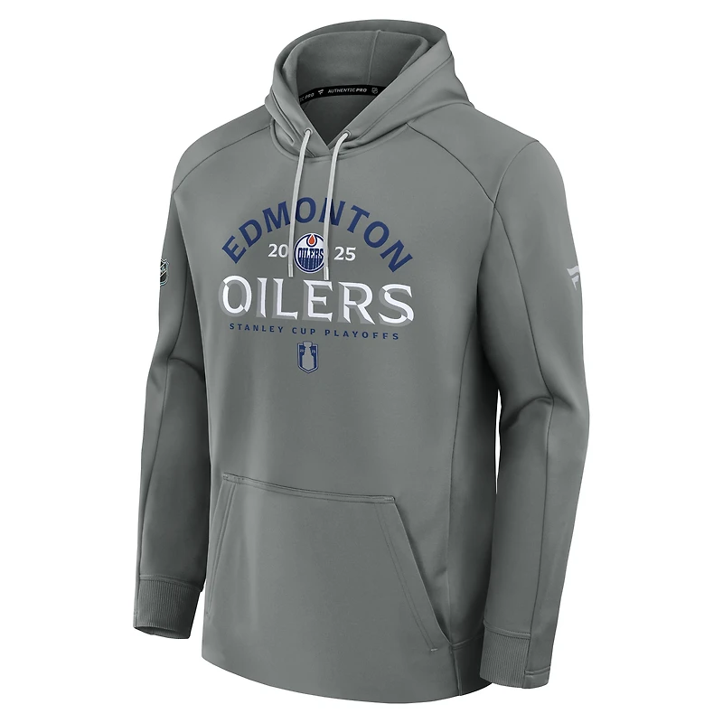 Sweat à capuche authentique Pro gris Fanatics pour homme des Oilers d'Edmonton, séries éliminatoires de la Coupe Stanley 2025