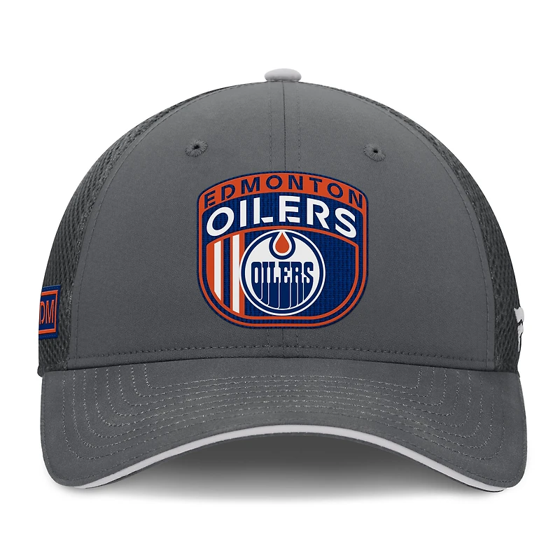 Casquette ajustable Fanatics pour hommes, gris, Authentic Pro Home Ice Trucker des Oilers d'Edmonton