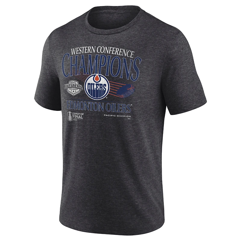 T-shirt tri-blend Fanatics Heather Charcoal pour homme, champions de la Conférence Ouest 2025 des Oilers d'Edmonton