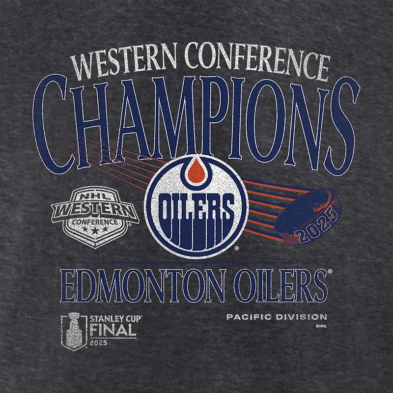 T-shirt tri-blend Fanatics Heather Charcoal pour homme, champions de la Conférence Ouest 2025 des Oilers d'Edmonton