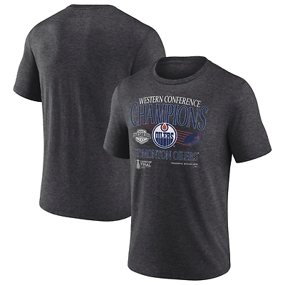 T-shirt tri-blend Fanatics Heather Charcoal pour homme, champions de la Conférence Ouest 2025 des Oilers d'Edmonton
