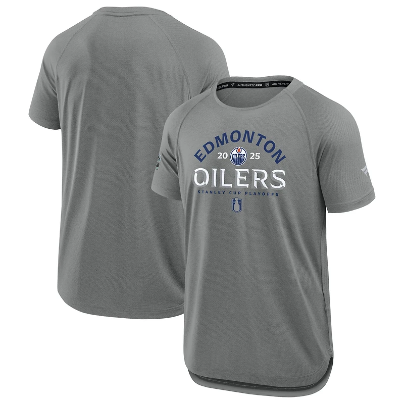 T-shirt de performance authentique Pro Rink Fanatics Heather Grey pour homme des Oilers d'Edmonton, séries éliminatoires la Coupe Stanley 2025