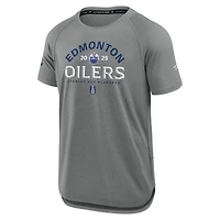 T-shirt de performance authentique Pro Rink Fanatics Heather Grey pour homme des Oilers d'Edmonton, séries éliminatoires la Coupe Stanley 2025