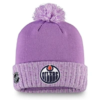 Bonnet en tricot à revers et pompon Fanatics Heather Purple des Oilers d'Edmonton Hockey Fights Cancer pour hommes