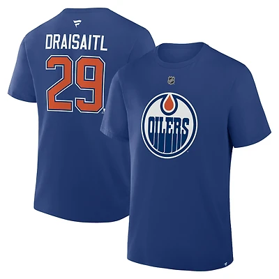 T-shirt authentique Fanatics Leon Draisaitl bleu des Oilers d'Edmonton avec nom et numéro superposés