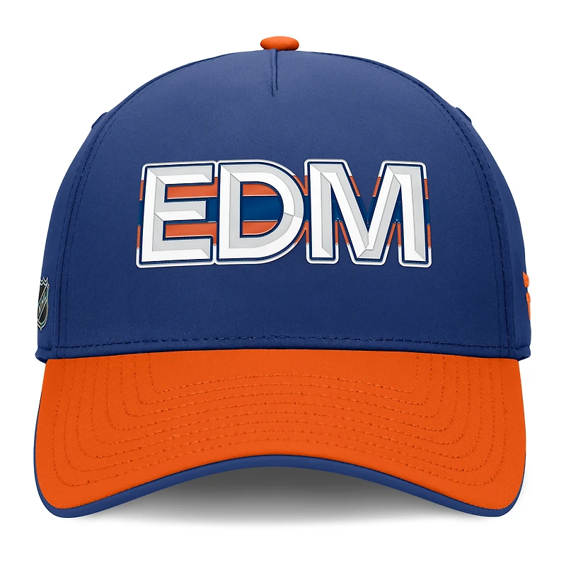 Casquette Fanatics Royal/Orange Authentic Pro Rink Team Code Flex pour homme des Oilers d'Edmonton