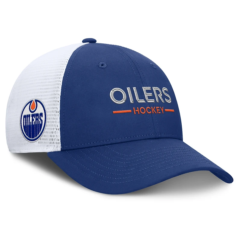 Casquette de camionneur ajustable authentique Pro Rink Lockup des Oilers d'Edmonton, bleu royal/blanc, Fanatics pour homme