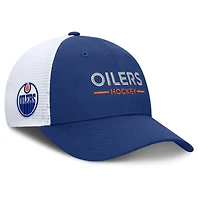 Casquette de camionneur ajustable authentique Pro Rink Lockup des Oilers d'Edmonton, bleu royal/blanc, Fanatics pour homme