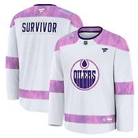 Maillot d'entraînement blanc Fanatics pour hommes des Oilers d'Edmonton la lutte contre le cancer