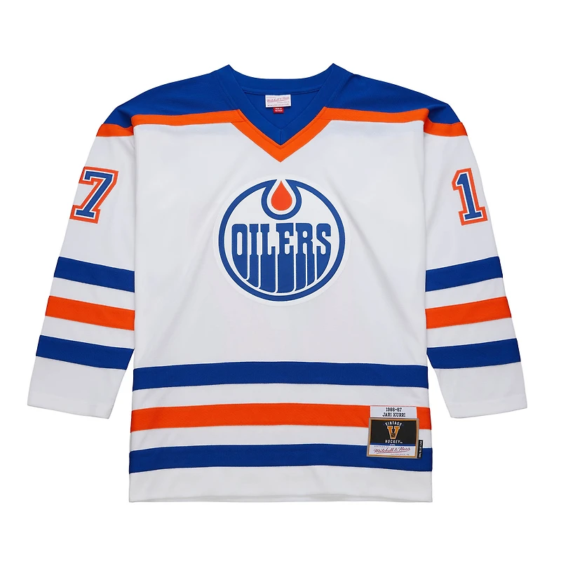 Maillot de joueur ligne bleue Mitchell & Ness Jari Kurri blanc des Oilers d'Edmonton 1986-87 pour hommes