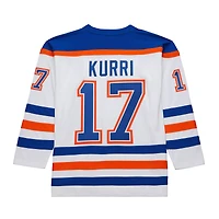 Maillot de joueur ligne bleue Mitchell & Ness Jari Kurri blanc des Oilers d'Edmonton 1986-87 pour hommes