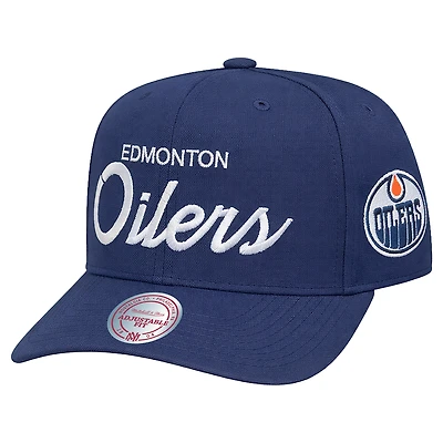 Men's Mitchell & Ness Navy Edmonton Oilers Legendary Script A-Frame Snapback Hat