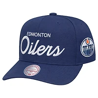 Men's Mitchell & Ness  Navy Edmonton Oilers Legendary Script A-Frame Snapback Hat