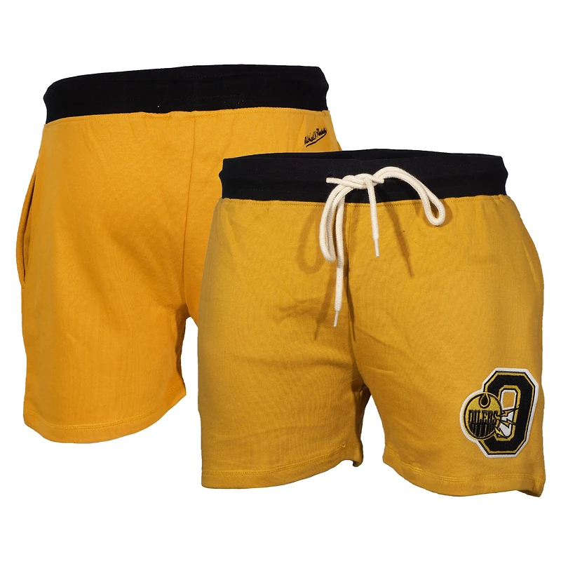 Short Mitchell & Ness jaune Edmonton Oilers pour homme, motif « Œil du tigre ».