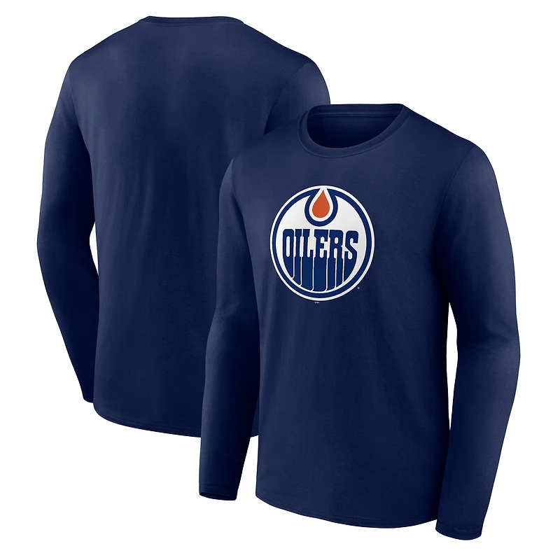 T-shirt à manches longues bleu marine pour homme avec logo principal des Oilers d'Edmonton