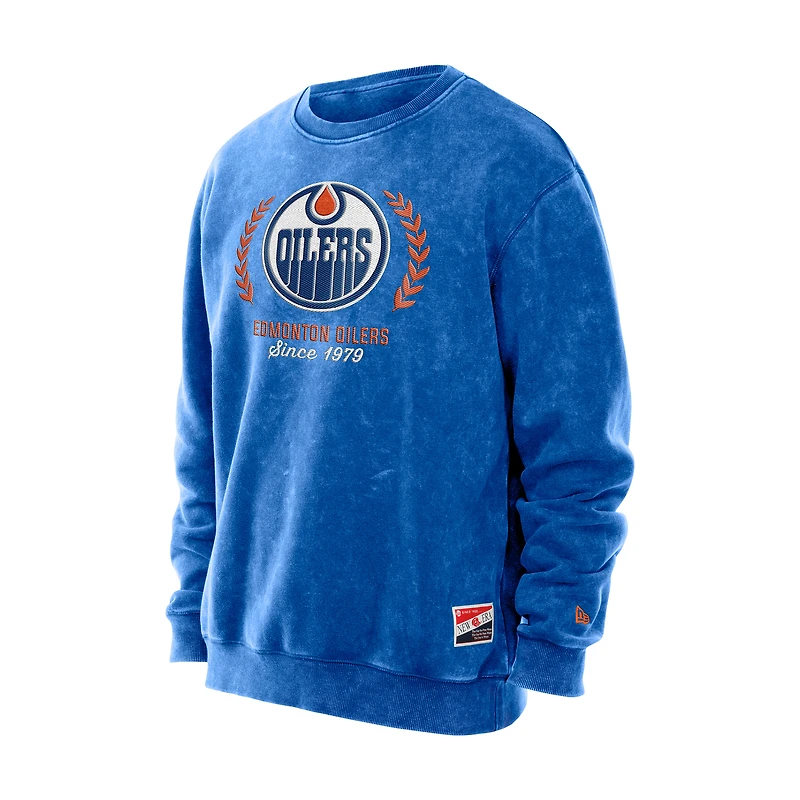 Sweat-shirt ras du cou en molleton délavé minéral New Era Royal Edmonton Oilers pour homme