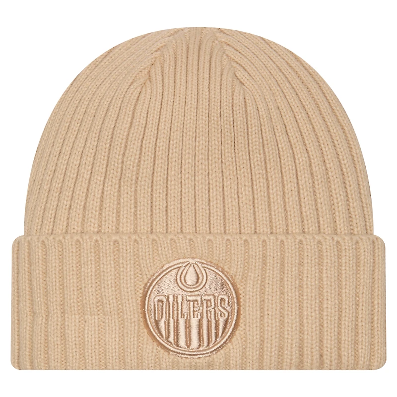 Bonnet en tricot à revers New Era Tan Edmonton Oilers Color Pack pour homme