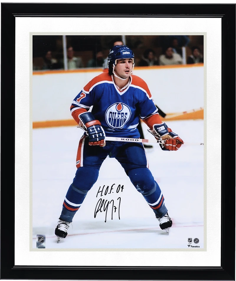 Photo de patinage autographiée de Paul Coffey (Edmonton Oilers), 40,6 x 50,8 cm, maillot royal, avec inscription « HOF 04 ».
