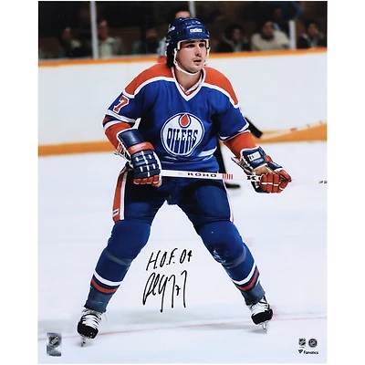 Paul Coffey Edmonton Oilers Autographed 16" x 20" Royal Jersey Skating Photograph with "HOF 04" Inscription 