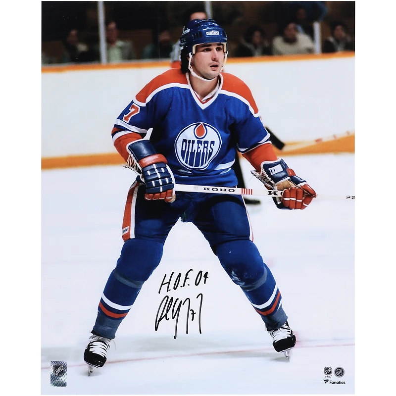 Photo de patinage autographiée de Paul Coffey (Edmonton Oilers), 40,6 x 50,8 cm, maillot royal, avec inscription « HOF 04 ».