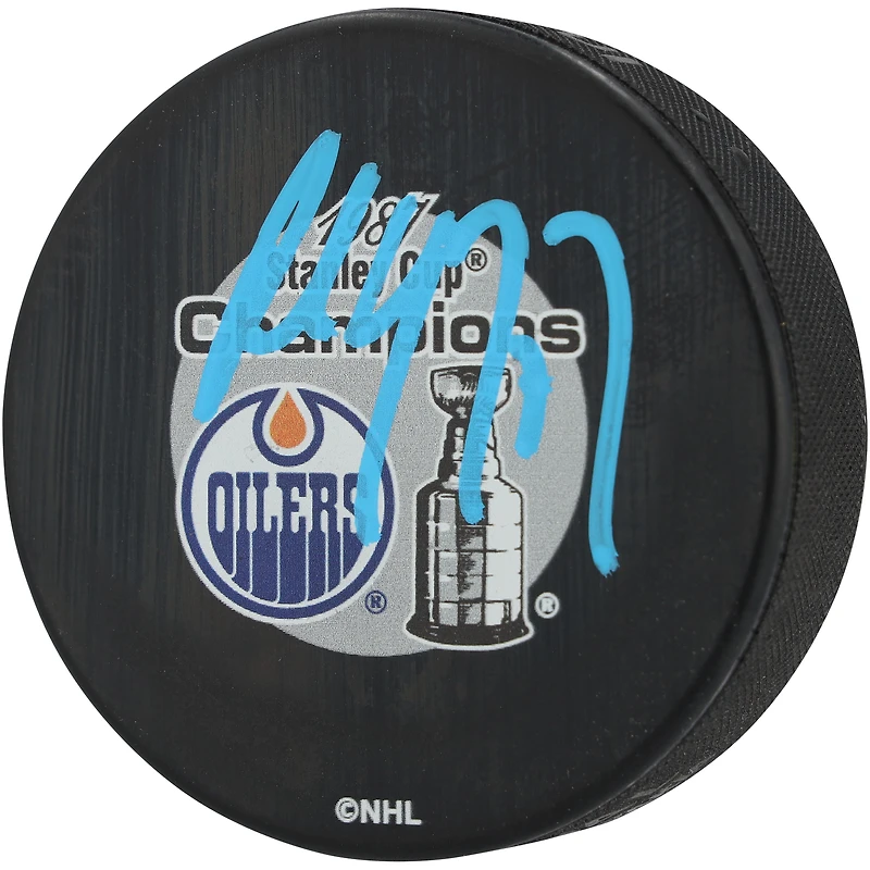 Rondelle de hockey autographiée par Paul Coffey, des Oilers d'Edmonton, champions de la Coupe Stanley 1987