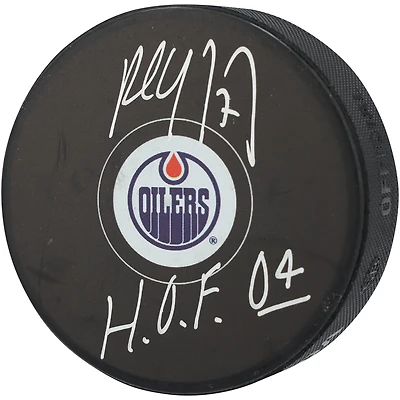 Paul Coffey Edmonton Oilers Autographed Hockey Puck with "HOF 04" Inscription