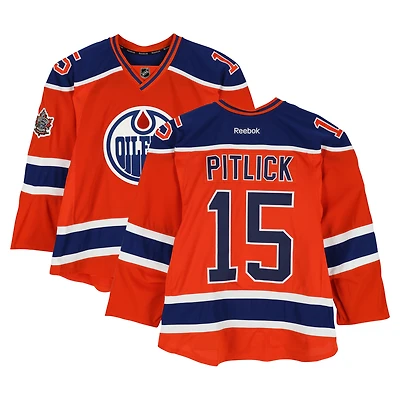 Maillot orange Reebok n° 15 des Oilers d'Edmonton porté par Tyler Pitlick lors de l'entraînement contre les Jets de Winnipeg le 23 octobre 2016 - Classique Héritage de la LNH - Porté pendant l'échauffement