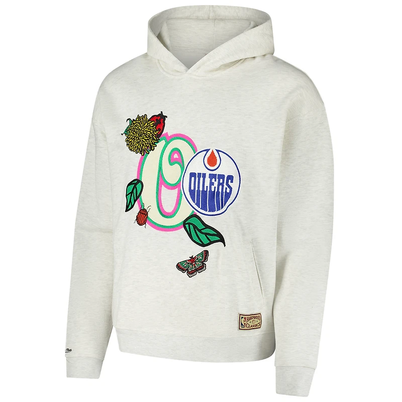 Sweat à capuche surdimensionné unisexe avec lettres de printemps Mitchell & Ness Oatmeal Edmonton Oilers